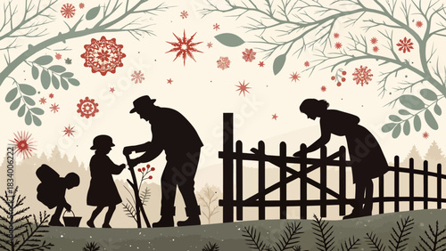 Heartwarming winter scene of family planting, tending garden with snowflakes and stylized trees