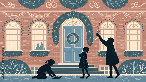 Charming house preparation with family decorating for the holidays brings festive joy and cozy winter spirit