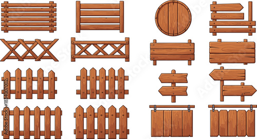 Set of wooden fences signs and boards vector illustrations featuring rustic garden panels and direction signposts