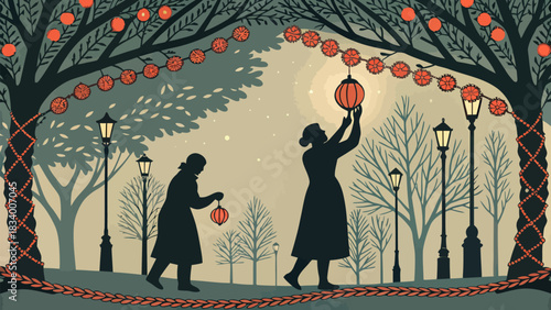 Whimsical silhouette of women decorating park trees with lanterns for festival celebration at night