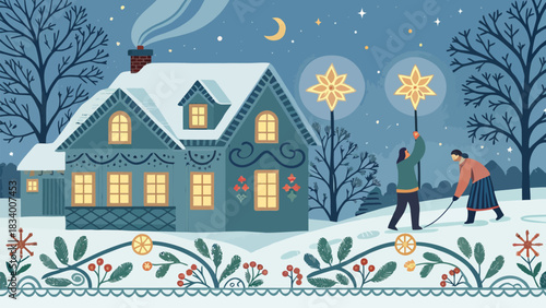 Cozy winter night scene with a charming house, lit windows, and people holding festive star lights