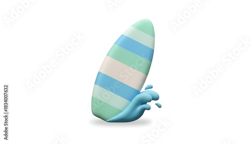 3D cartoon pastel surfboard with small blue wave splash, soft aqua tones and clean beach vibe details, cute minimal summer style, isolated on white background.