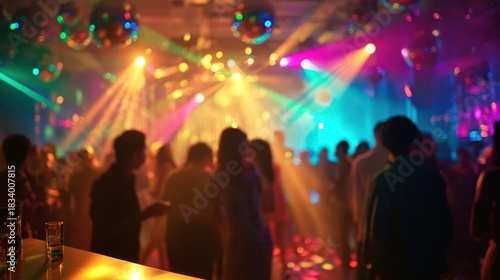 8k, realistic, full ultra HD, high resolution, cinematic photography A bustling New Year's Eve party with a DJ, people dancing, and colorful lights creating a lively atmosphere