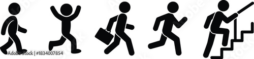 Stick Figure Set Depicting Walking Running Success and Climbing Stages with Business Concept and Personal Development