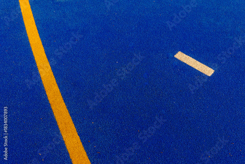 Vibrant blue sports field with distinct yellow and white markings during a sunny afternoon