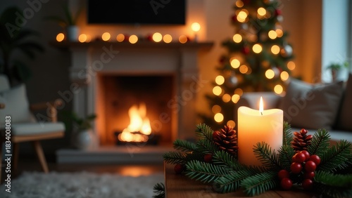 A lit candle sits on a table next to a decorated Christmas tree