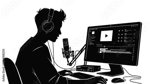 Silhouette of a person recording audio with a microphone and computer