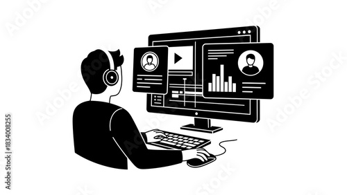 Person working on computer with multiple screens showing data and video editing interface