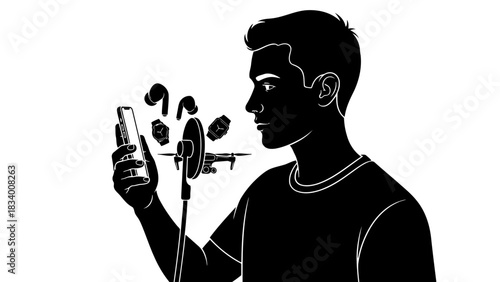 Man controlling gadgets with smartphone and microphone
