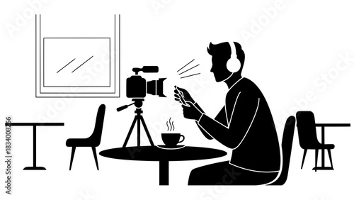 Filmmaker recording content with camera and phone in a cafe