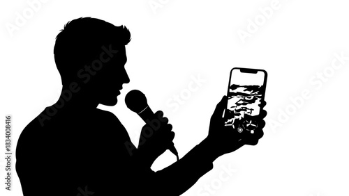 Man with microphone and smartphone showing drone footage