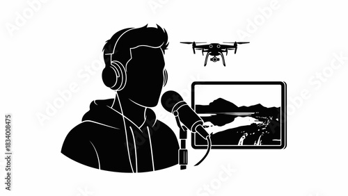 Podcaster and drone pilot creating content with landscape footage