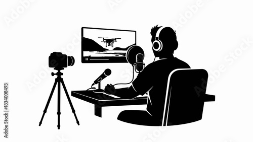 Podcaster and streamer creating content with drone footage