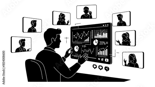 Man presenting data charts in a virtual meeting with colleagues