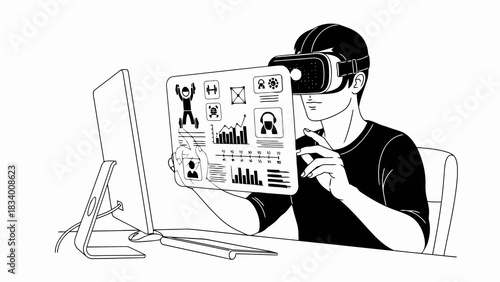 Man using virtual reality headset interacting with futuristic data interface