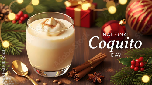 Traditional Coquito Drink with Cinnamon and Christmas Decorations on a Festive Holiday Table