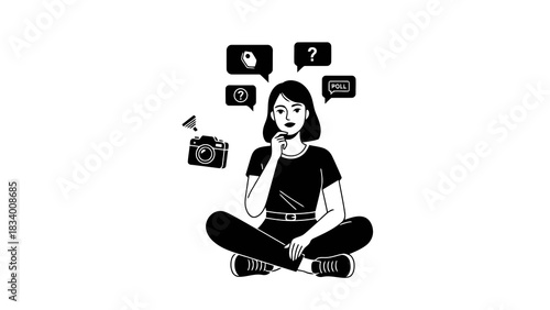 Woman contemplating social media content creation with camera and poll options