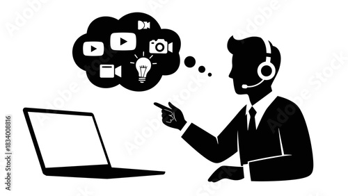 Person with headset thinking about video content and ideas on laptop