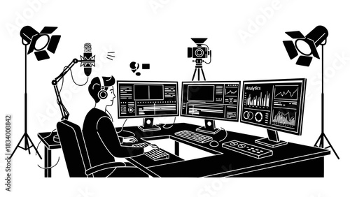 Content creator working at a multi monitor workstation with recording equipment