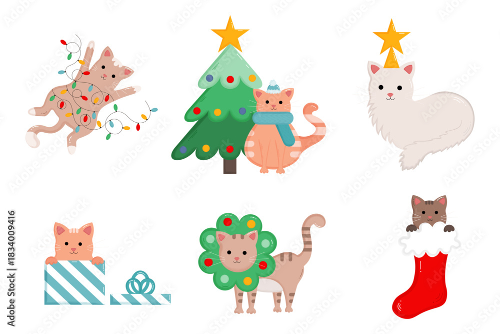 Obraz premium Cute collection with Christmas cats isolated on white background. Different cats with garland, Christmas tree, hat and scarf, star, gift, sock and Christmas wreath. Meowy Catsmas.Vector illustrations.