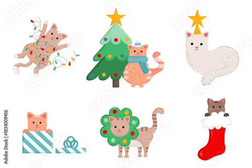 Cute collection with Christmas cats isolated on white background. Different cats with garland, Christmas tree, hat and scarf, star, gift, sock and Christmas wreath. Meowy Catsmas.Vector illustrations.