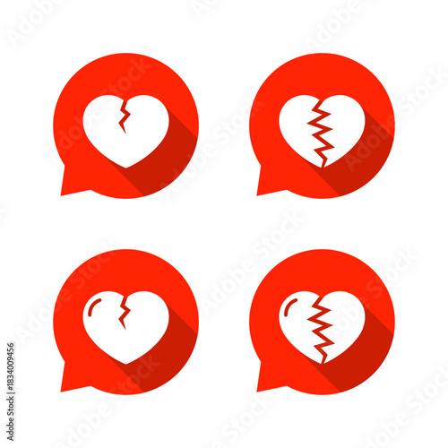 Heartbreak in red speech bubble icon. Cracked love symbol. Breakup heart sign with long shadow