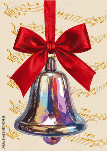 christmas bell with red ribbon isolated on vintage music notes background