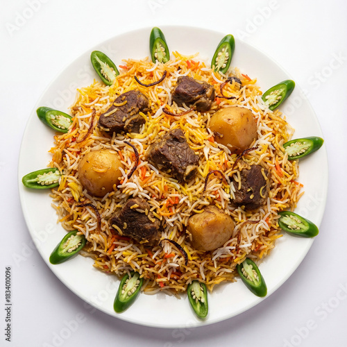 karachi beef biryani with potatoes and green chilli, Pakistani food, indian food, street food, 
