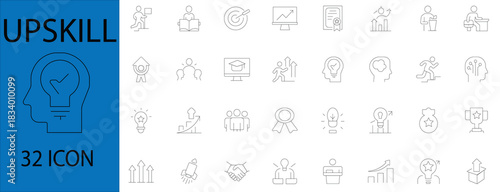 Upskill Icon Set. Features 32 minimal line icons for learning, skill development, career growth, 
training, productivity, and personal improvement. Ideal for business, education, and e-learning use.