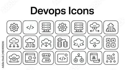 A grid of 20 Dev Ops icons with black outlines on a white background, showcasing technology and development concepts