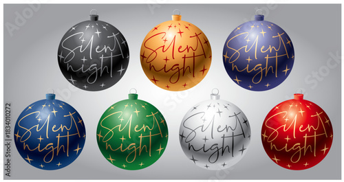 vector illustration of 3d Christmas balls with text of song Silent Night and stars