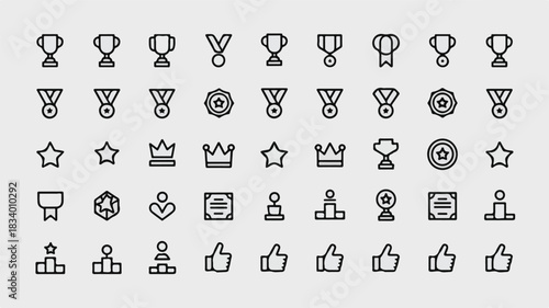 Award and Achievement Icons Featuring Trophies Medals Ribbons Stars Crowns and Certificates trophy