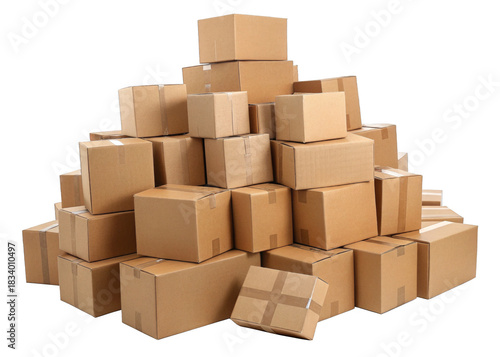 Large messy pile of sealed brown cardboard isolated on a transparent background.