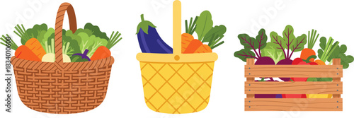 Vegetable baskets and crate vector illustration set showing fresh organic produce for farm market and grocery concepts