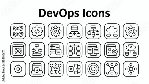 Set of 20 Dev Ops icons in a grid layout with a white background and black outlines devops collection