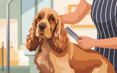 Adorable Cocker Spaniel Dog Receiving Grooming and Hair Care Treatment