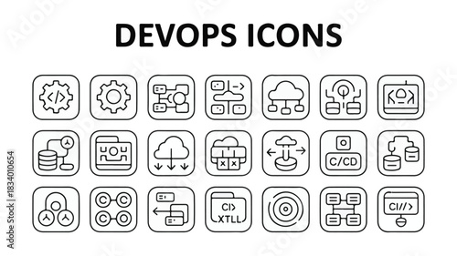 Set of black and white line icons for Dev Ops, software development, and IT operations devops