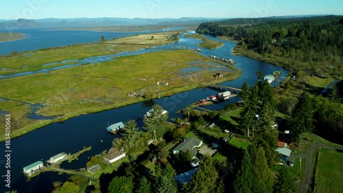 US, OR, Svenson, 2025-10-21 - Drone view of houseboats on an offshoot of the Columbia River near Astoria, Oregon in Fall