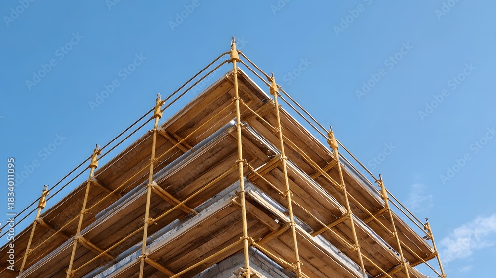 Fototapeta premium Construction scaffolding encircling the corner of a building against a clear blue sky