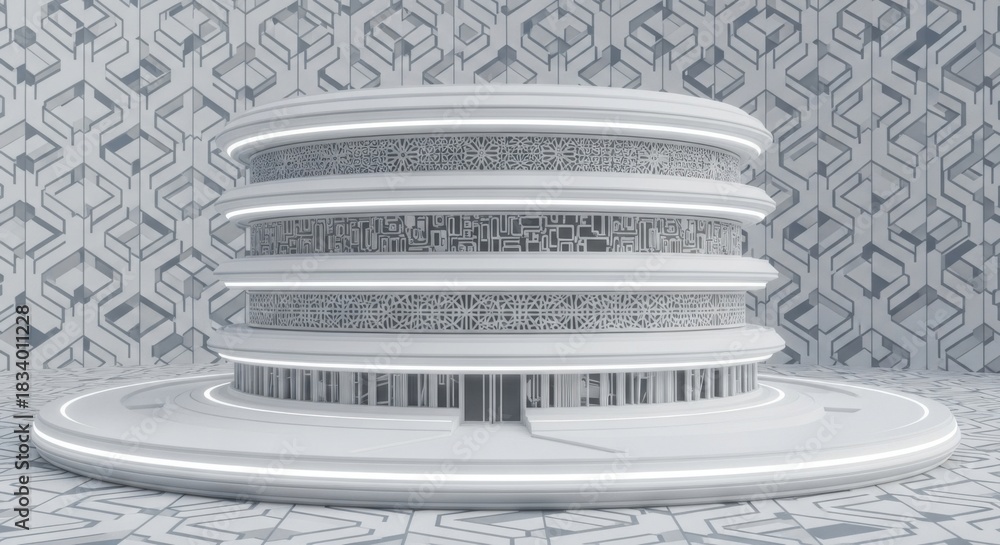 Obraz premium Futuristic Architectural Structure with Intricate Geometric Details and Ambient Lighting