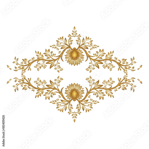 Golden floral design with intricate leafy patterns and sunflowers on a white background in a symmetrical arrangement.
