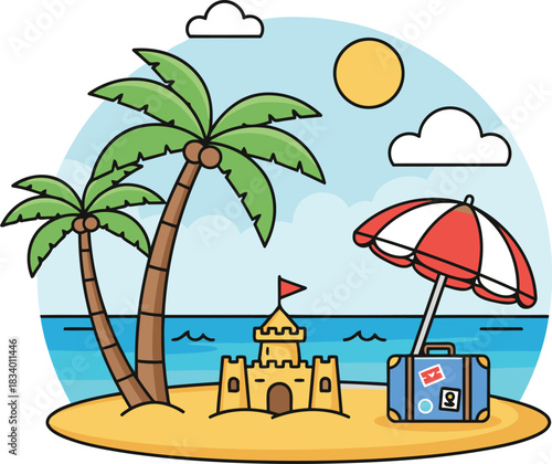 Explore serene beach getaways with palm trees and a whimsical sandcastle under sunny skies