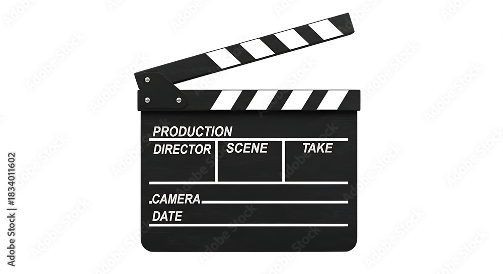 Obraz premium Classic black film production clapperboard with white text isolated on transparent background