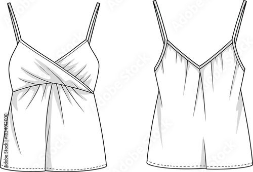 Wrap-style camisole top fashion sketch, draped neckline, flared hem, spaghetti straps, technical illustration, garment design, sewing pattern