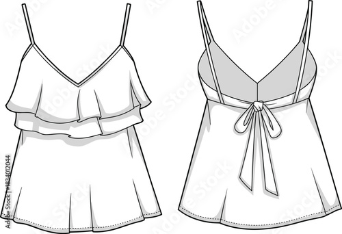 Sleeveless ruffle top fashion sketch, bow tie back, spaghetti straps, technical illustration, garment design, sewing pattern, flowy silhouette