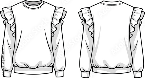 Ruffled sweatshirt fashion sketch, crew neck, long sleeves, ribbed cuffs, technical illustration, garment design, sewing pattern