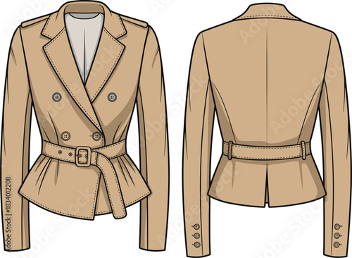 Beige tailored jacket fashion sketch, double-breasted design, belted waist, pleated vent, technical illustration, garment construction, sewing pattern