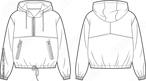 Hooded pullover jacket fashion sketch, half-zip front, slanted zip pockets, drawstring hem, technical illustration, garment design, sewing pattern