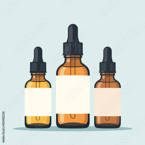 Cosmetic dropper bottle mockup set. Flat design of amber glass containers with blank labels for essential oil or serum. Health and skincare product concept.