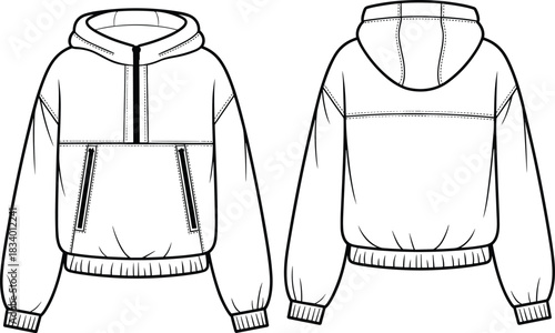 Hooded pullover jacket fashion sketch, half-zip front, zip pockets, drawstring hood, technical illustration, garment design, sewing pattern
